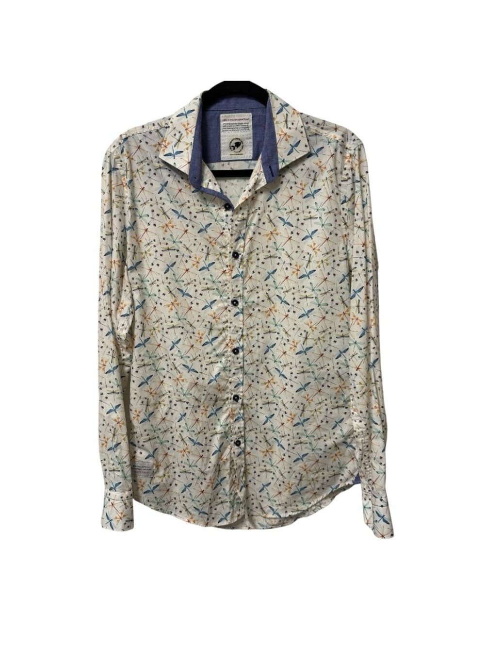 A FISH NAMED FRED BUTTON UP SHIRT  FLIP CUFF DRAGONFLY GRAPHIC MENS M COLORFUL